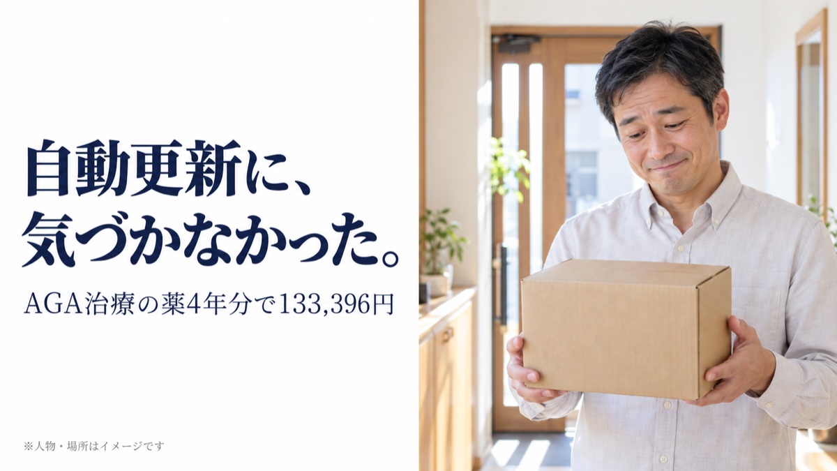 自動更新に、気づかなかった。AGA治療の薬4年分で133,396円。人物・場所はイメージです。