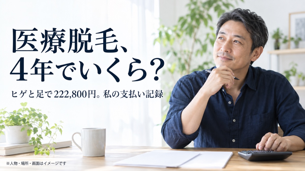 医療脱毛、4年でいくら？ ヒゲと足で222,800円。私の支払い記録。人物・場所・画面はイメージです。