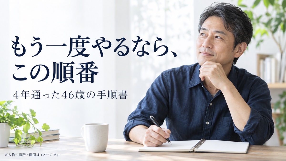 もう一度やるなら、この順番 4年通った46歳の手順書。人物・場所・画面はイメージです。